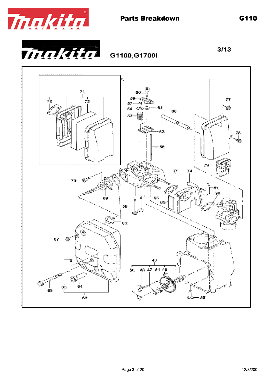 Makita G1700i manual Parts Breakdown, G110, Page 3 of, 12/8/200 