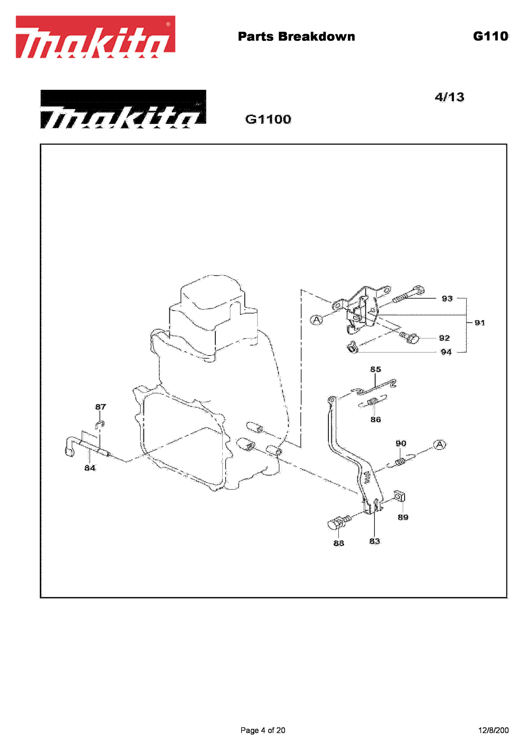 Makita G1700i manual Parts Breakdown, G110, Page 4 of, 12/8/200 