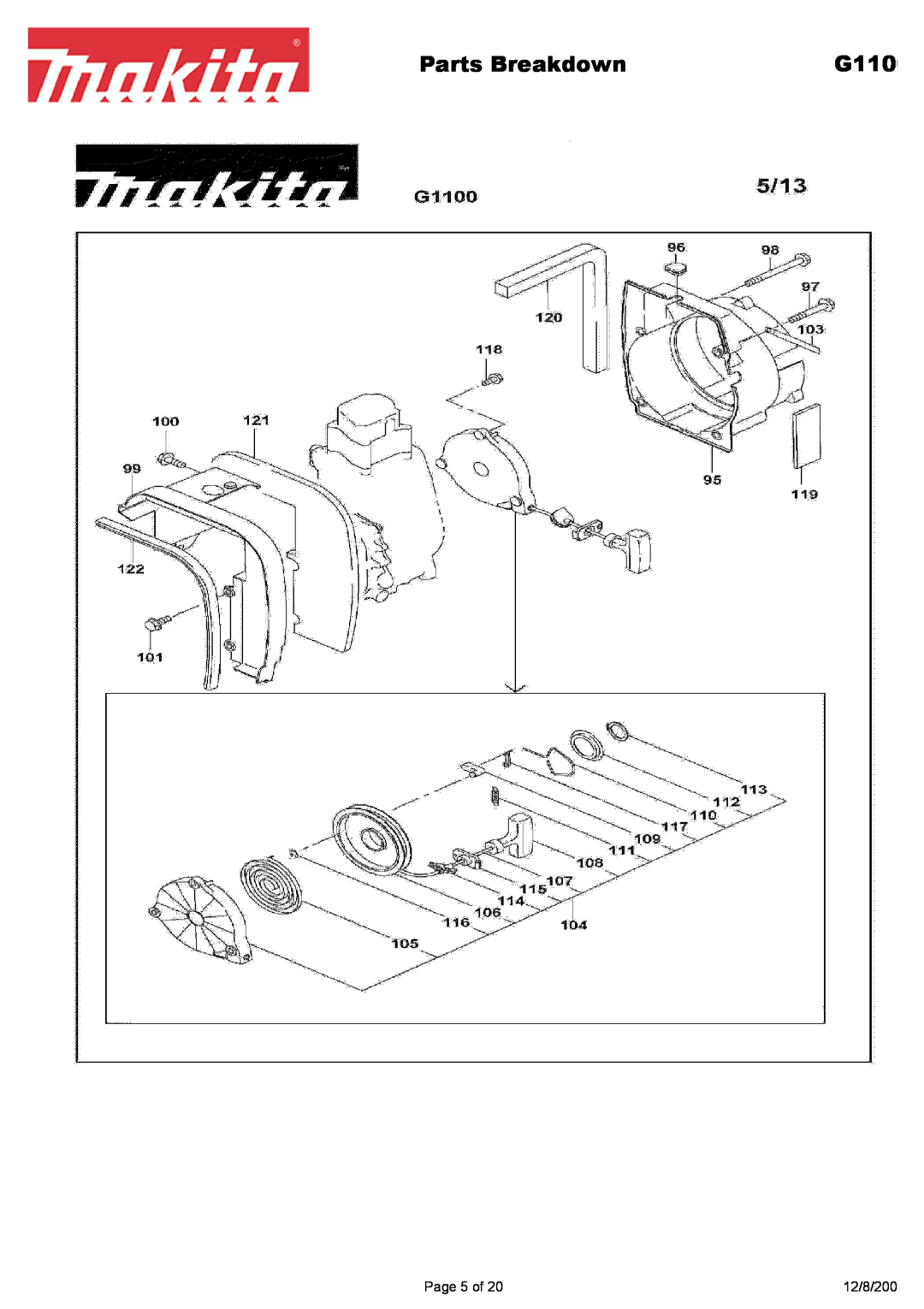 Makita G1700i manual Parts Breakdown, G110, Page 5 of, 12/8/200 