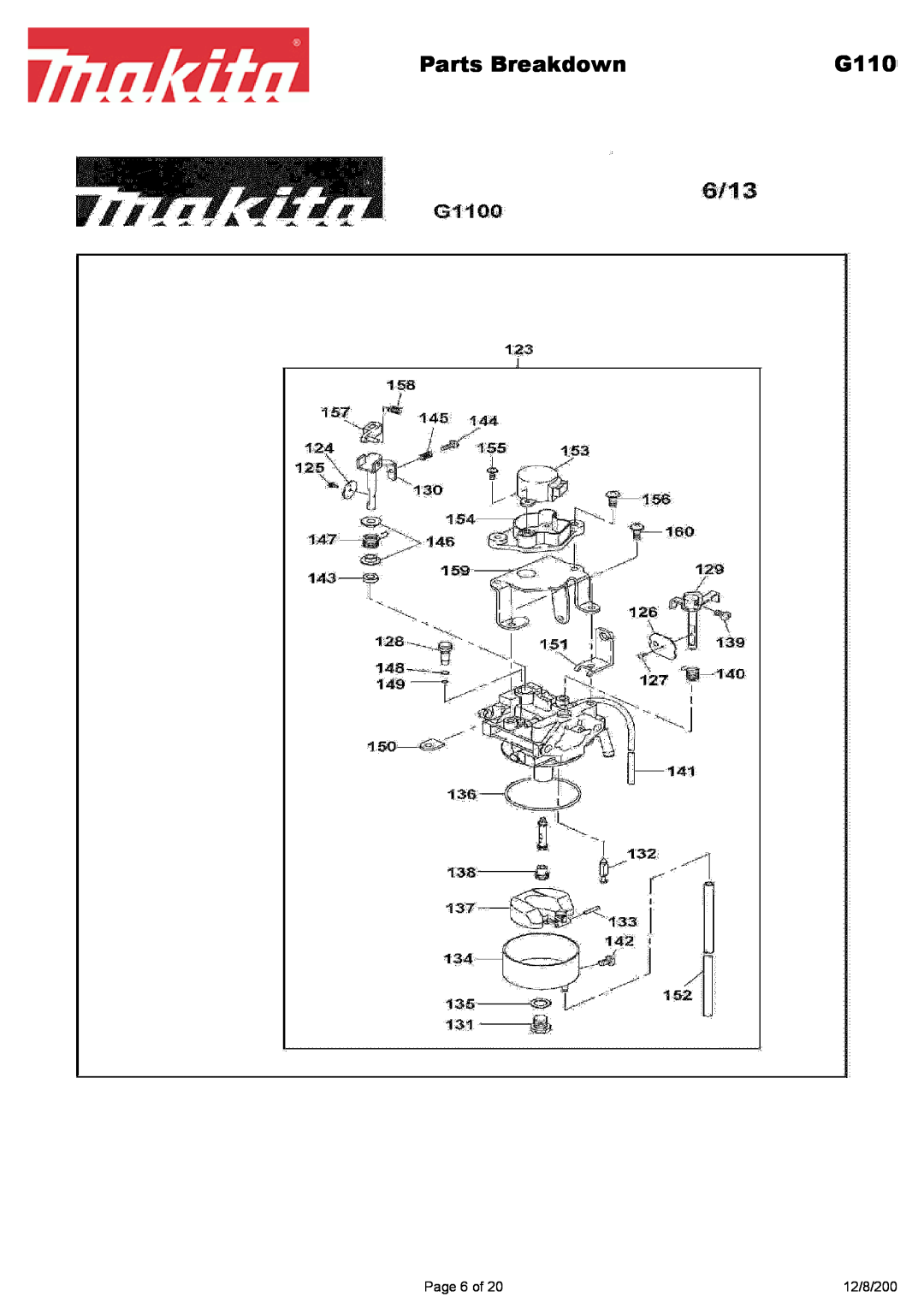 Makita G1700i manual Parts Breakdown, G110, Page 6 of, 12/8/200 