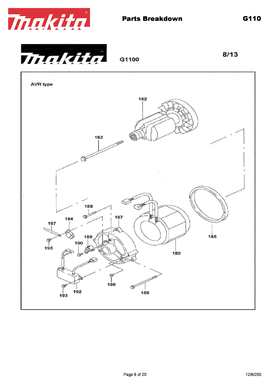 Makita G1700i manual Parts Breakdown, G110, Page 8 of, 12/8/200 