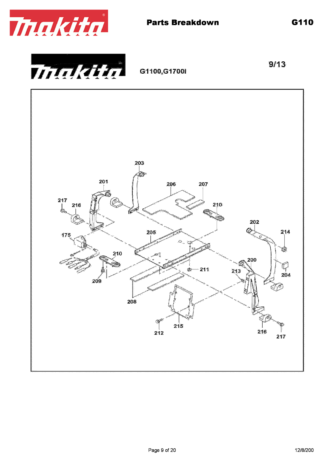 Makita G1700i manual Parts Breakdown, G110, Page 9 of, 12/8/200 