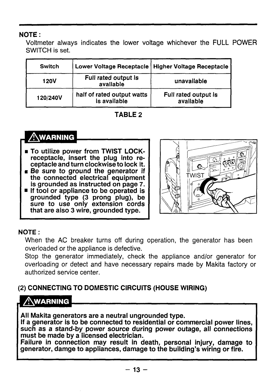 Makita G5711R, G571O R, G351O R, G341O R, G3511R manual Connectingto Domestic Circuits House Wiring 