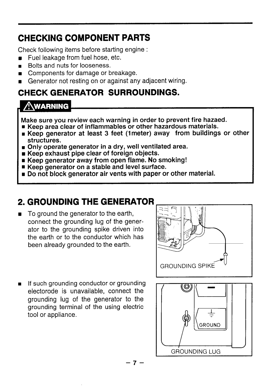 Makita G571O R, G5711R, G351O R, G341O R Checking Component Parts, Check Generator Surroundings, Grounding The Generator 