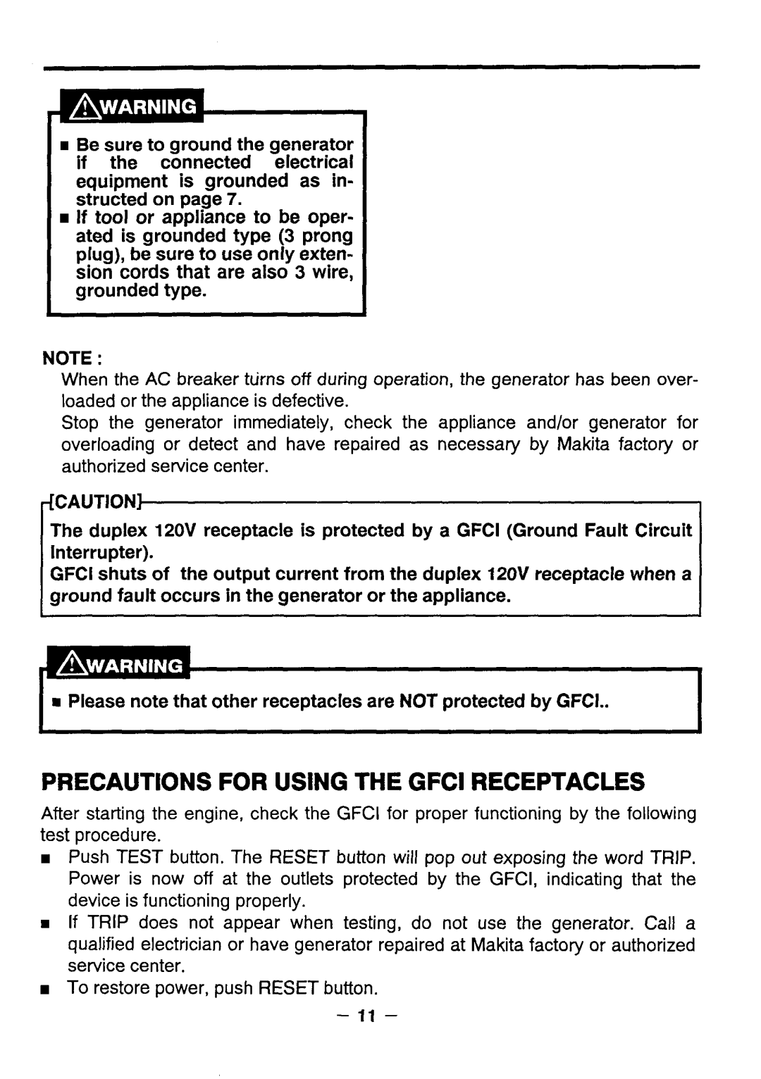 Makita G3511R, G571O R, G5711R, G351O R, G341O R manual PRECAUTIONS FOR USING THE GFCl RECEPTACLES 
