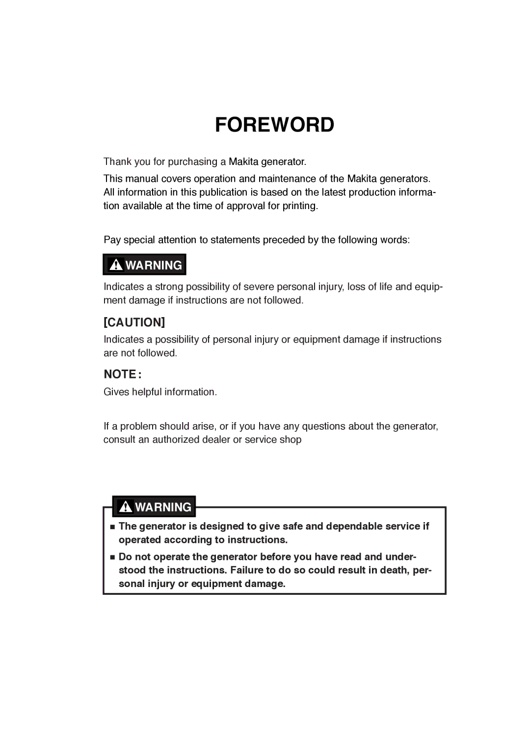 Makita G4101R G6100R, G6101R, G4100R, G2800R manual Foreword 