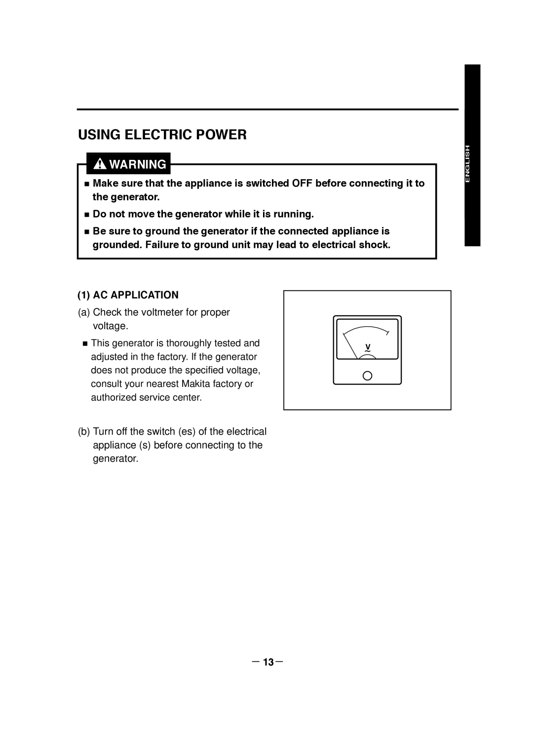 Makita G7300R, G7301R manuel dutilisation Using Electric Power, AC Application, － 13－ 