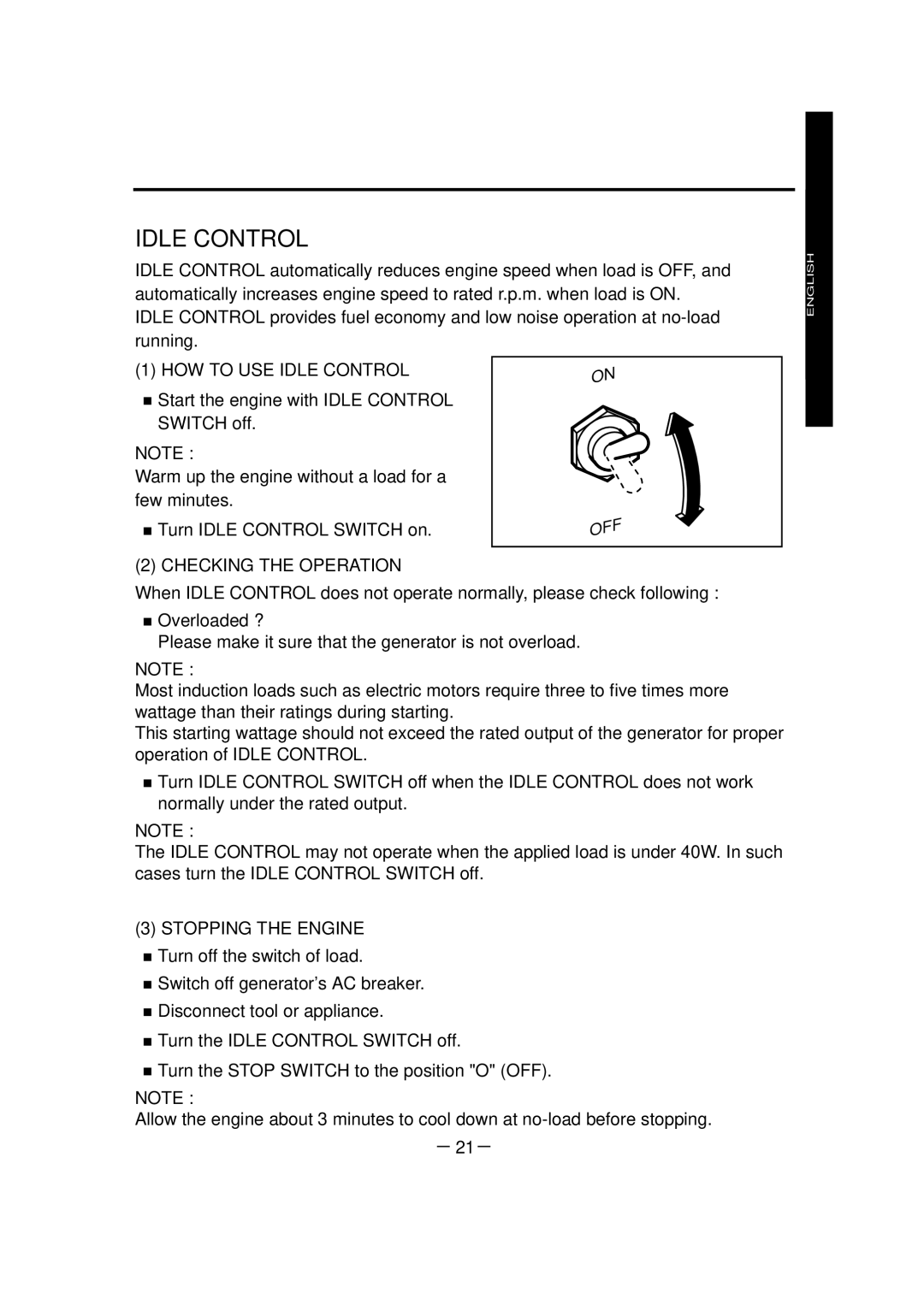 Makita G7300R, G7301R manuel dutilisation HOW to USE Idle Control, Checking the Operation, Stopping the Engine, － 21－ 