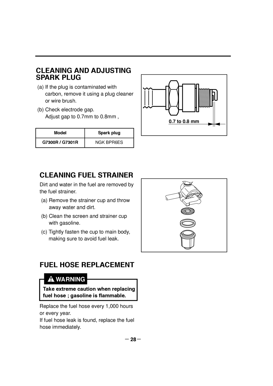 Makita G7301R, G7300R Cleaning and Adjusting Spark Plug, Cleaning Fuel Strainer, Fuel Hose Replacement, － 28－ 