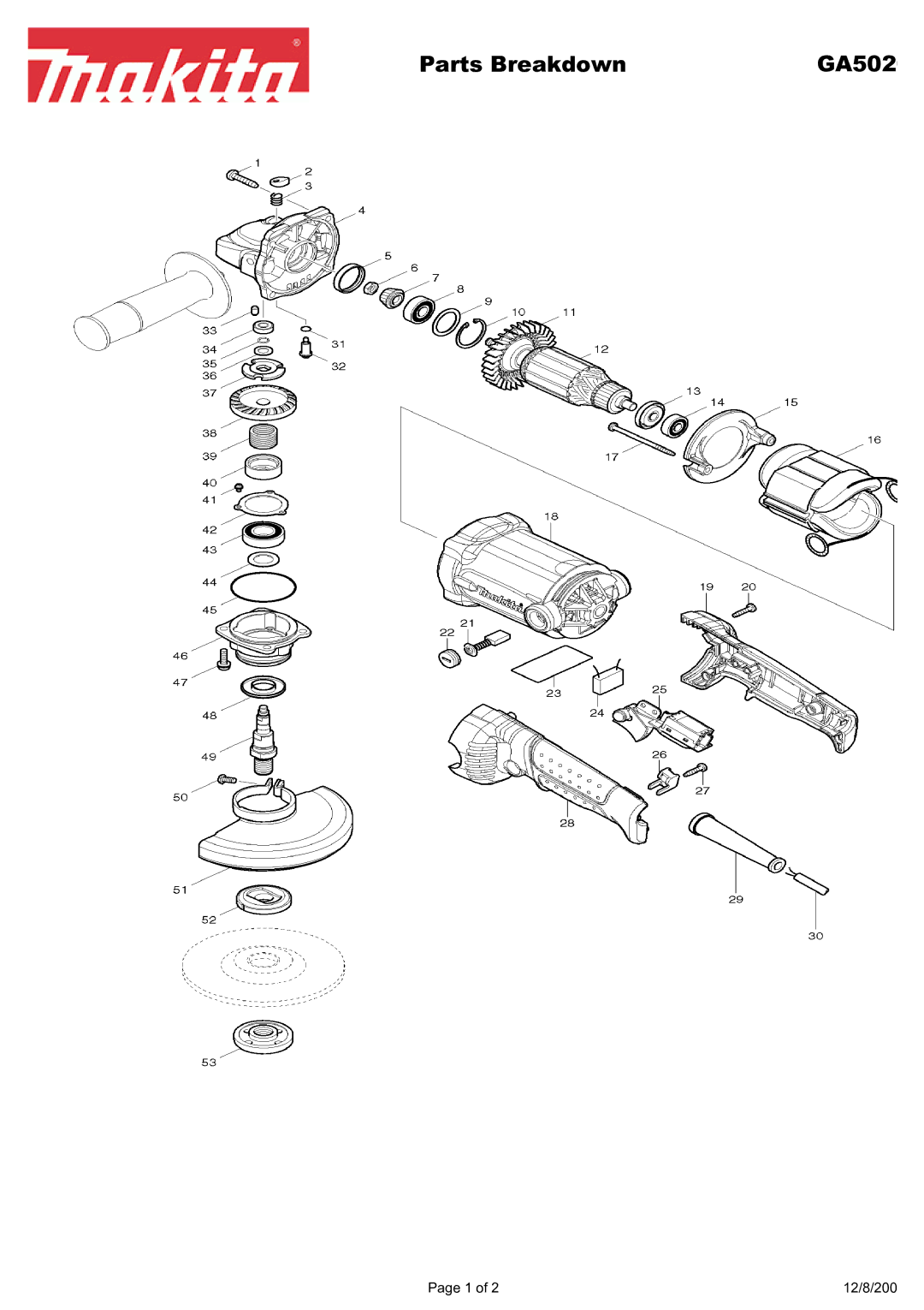 Makita GA5020 manual Parts Breakdown 