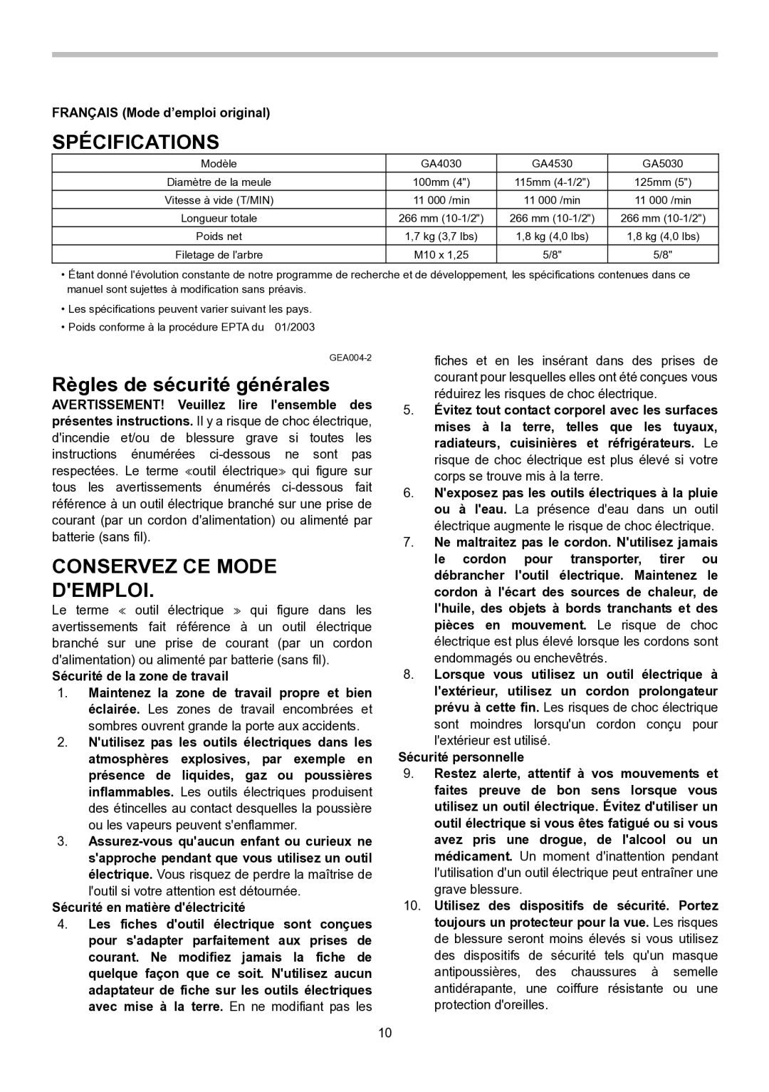 Makita GA4530, GA5030, GA4030 instruction manual Spécifications, Règles de sécurité générales, Conservez CE Mode Demploi 