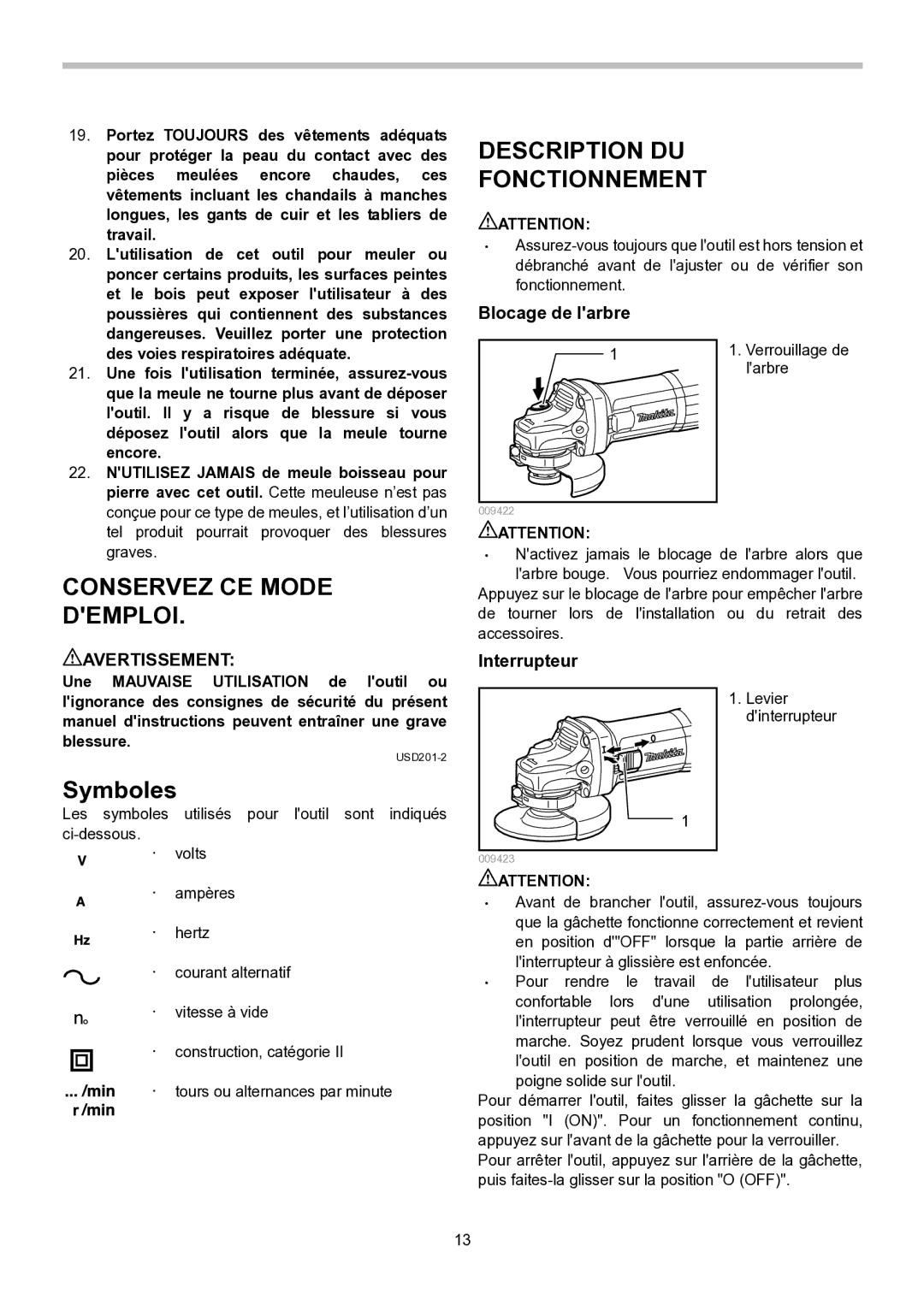 Makita GA4530, GA5030, GA4030 instruction manual Description DU Fonctionnement, Symboles, Blocage de larbre, Interrupteur 