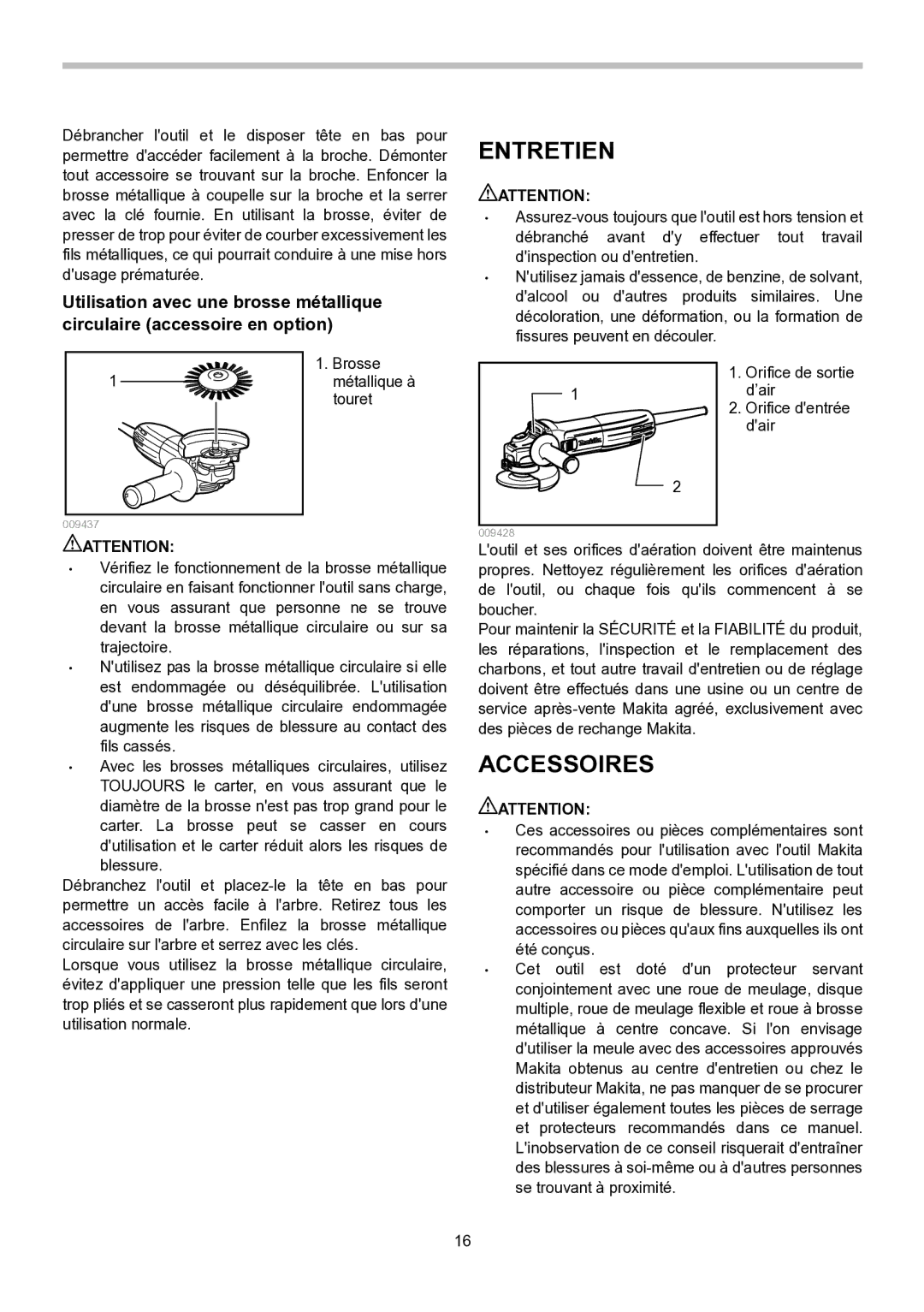 Makita GA4530, GA5030, GA4030 instruction manual Entretien, Accessoires 