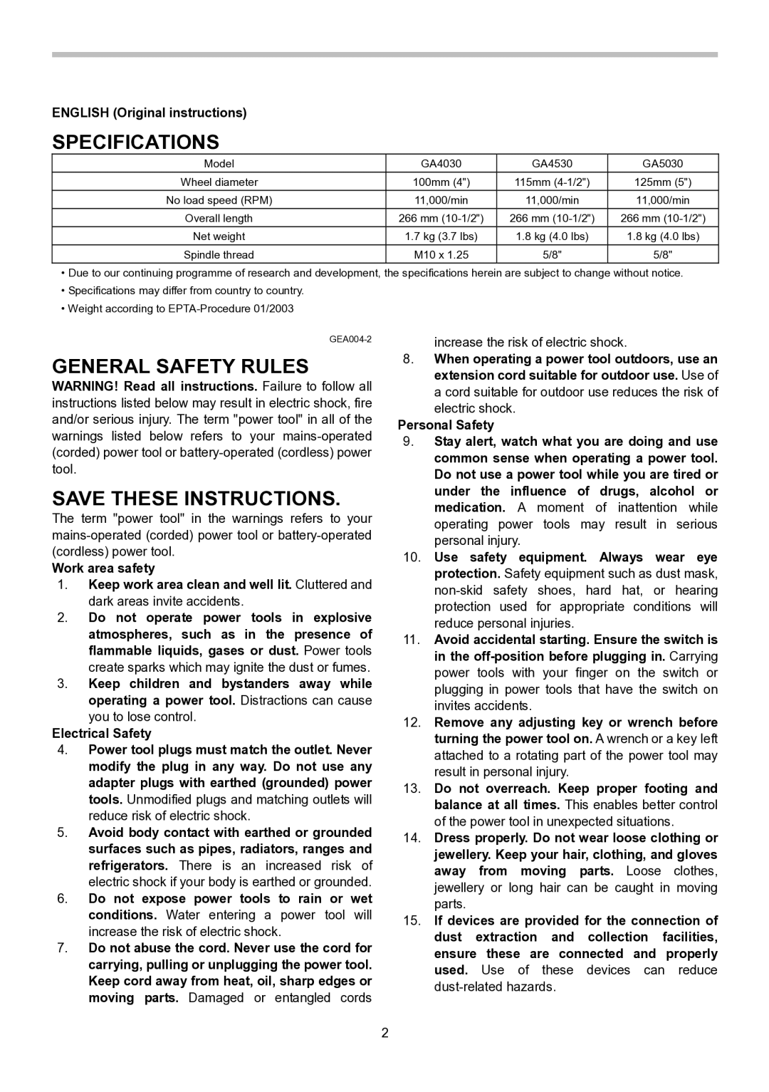 Makita GA4030, GA5030, GA4530 instruction manual Specifications, General Safety Rules 