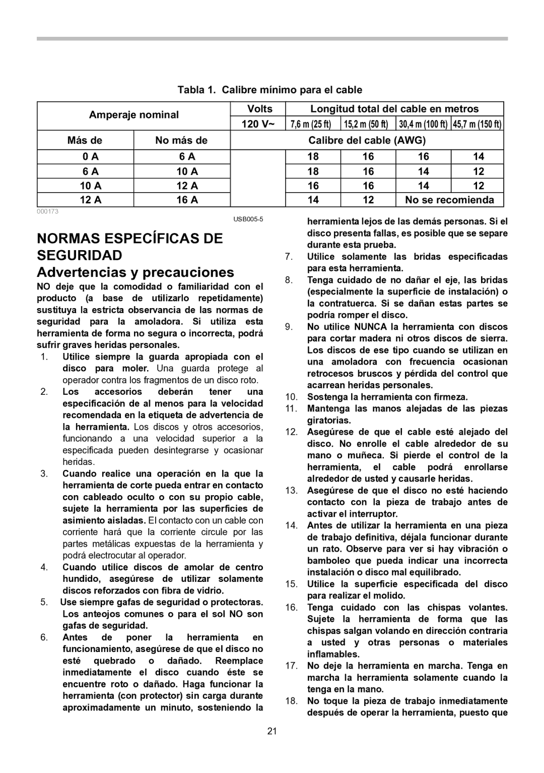 Makita GA5030 Normas Específicas DE Seguridad Advertencias y precauciones, Más de No más de Calibre del cable AWG 10 a 