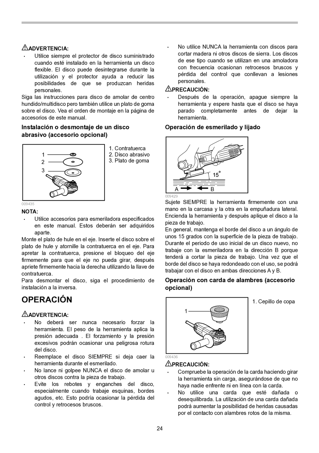 Makita GA5030, GA4530, GA4030 Operación de esmerilado y lijado, Operación con carda de alambres accesorio opcional 