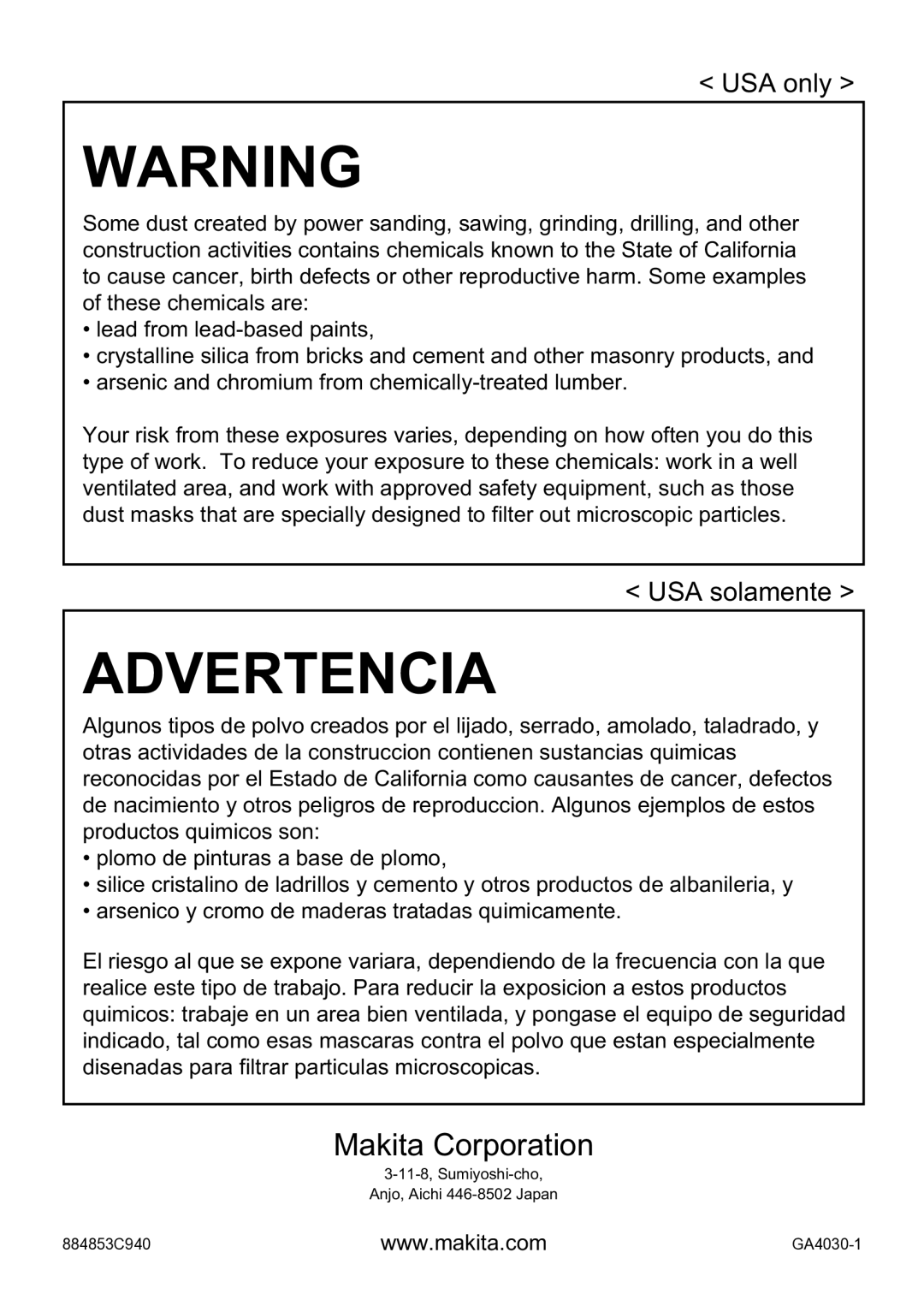 Makita GA4530, GA5030, GA4030 instruction manual Advertencia 