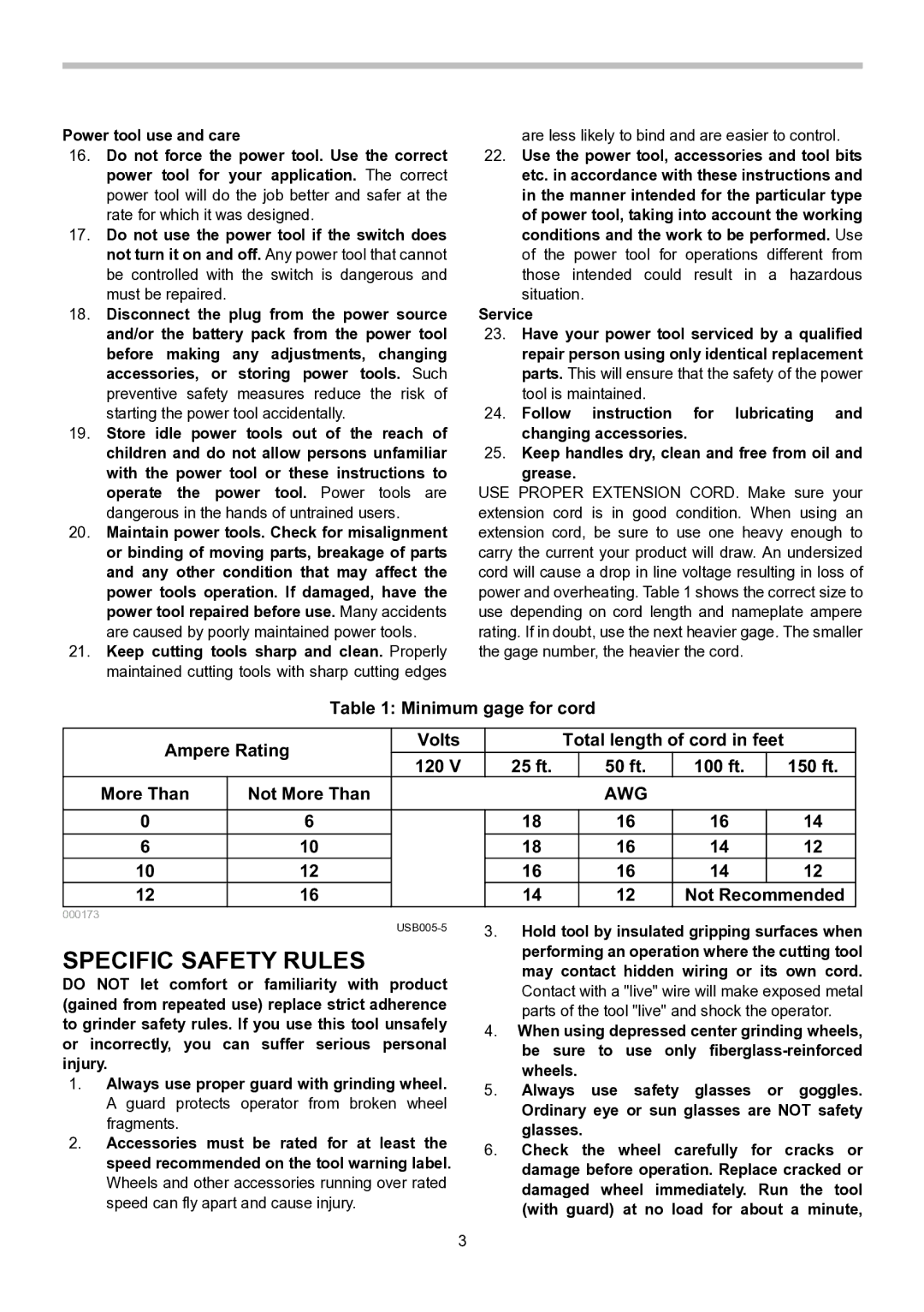 Makita GA5030, GA4530, GA4030 instruction manual Specific Safety Rules, Minimum gage for cord Ampere Rating Volts 