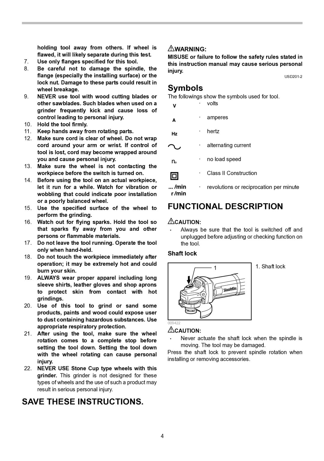 Makita GA4530, GA5030, GA4030 instruction manual Symbols, Functional Description, Shaft lock 