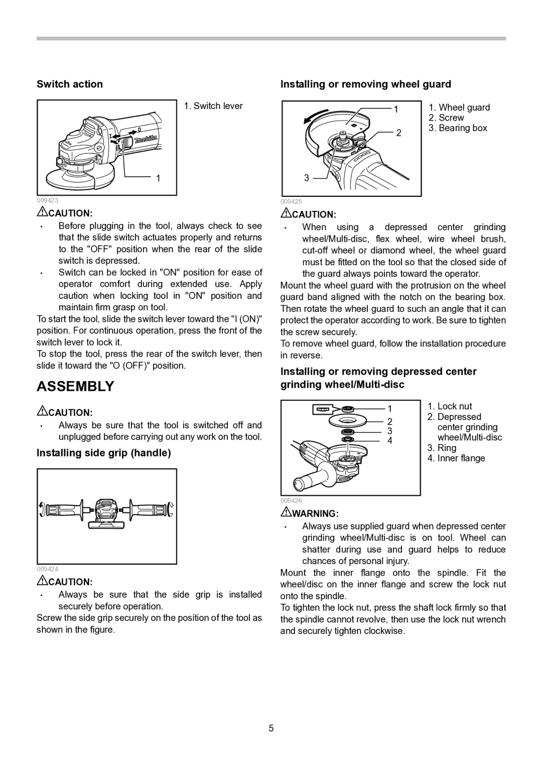 Makita GA4030, GA5030, GA4530 Assembly, Switch action Installing or removing wheel guard, Installing side grip handle 