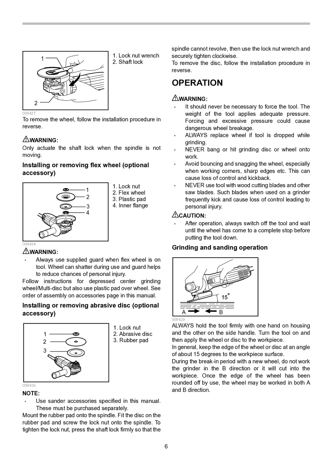 Makita GA5030, GA4530 Operation, Installing or removing flex wheel optional accessory, Grinding and sanding operation 