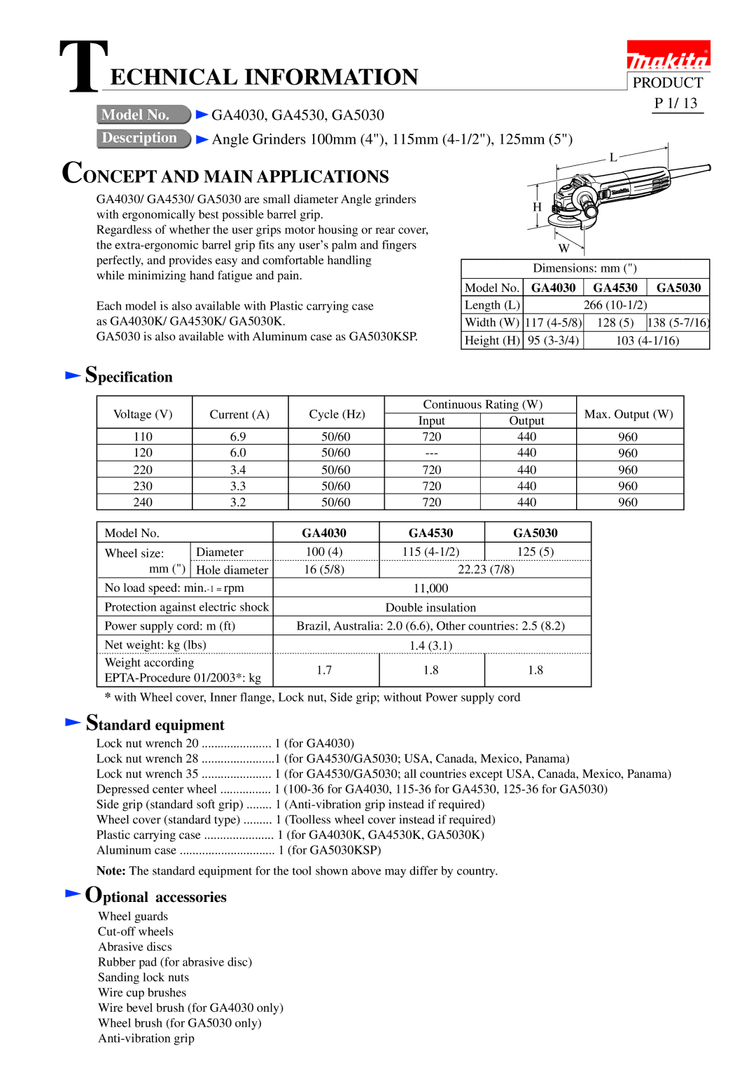 Makita GA4530, GA5030, GA4030 specifications Specification, Standard equipment, Optional accessories 