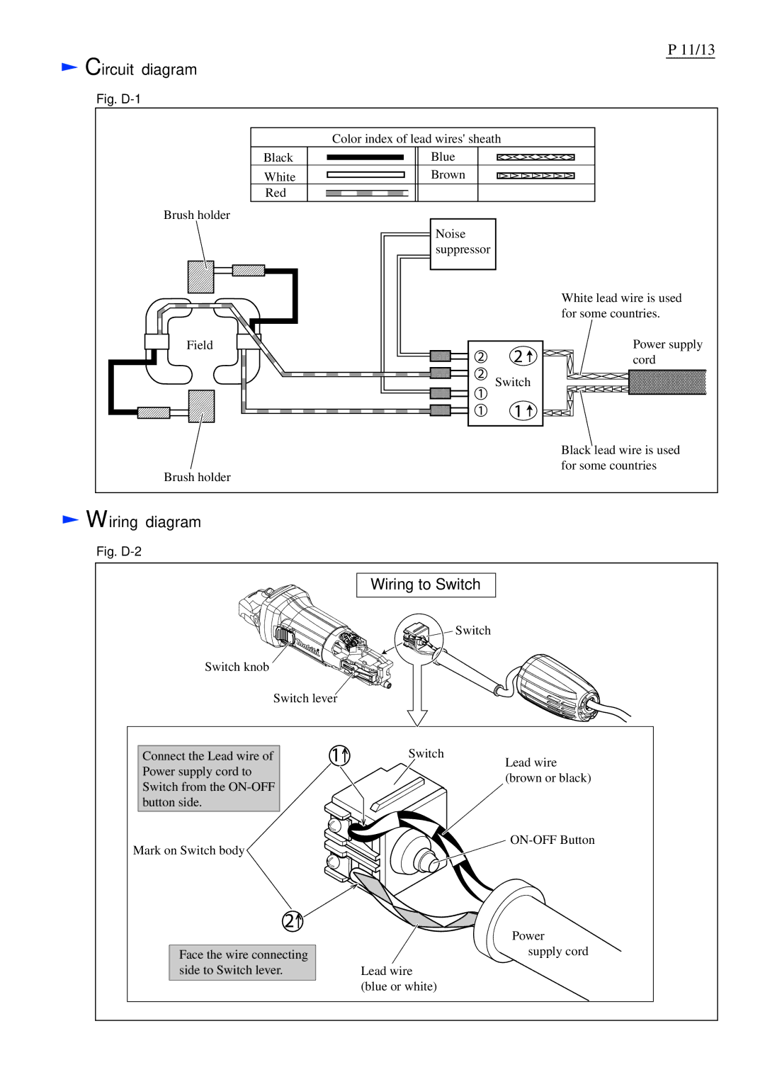 Makita GA4030, GA5030, GA4530 specifications Circuit diagram, Wiring diagram, Wiring to Switch 