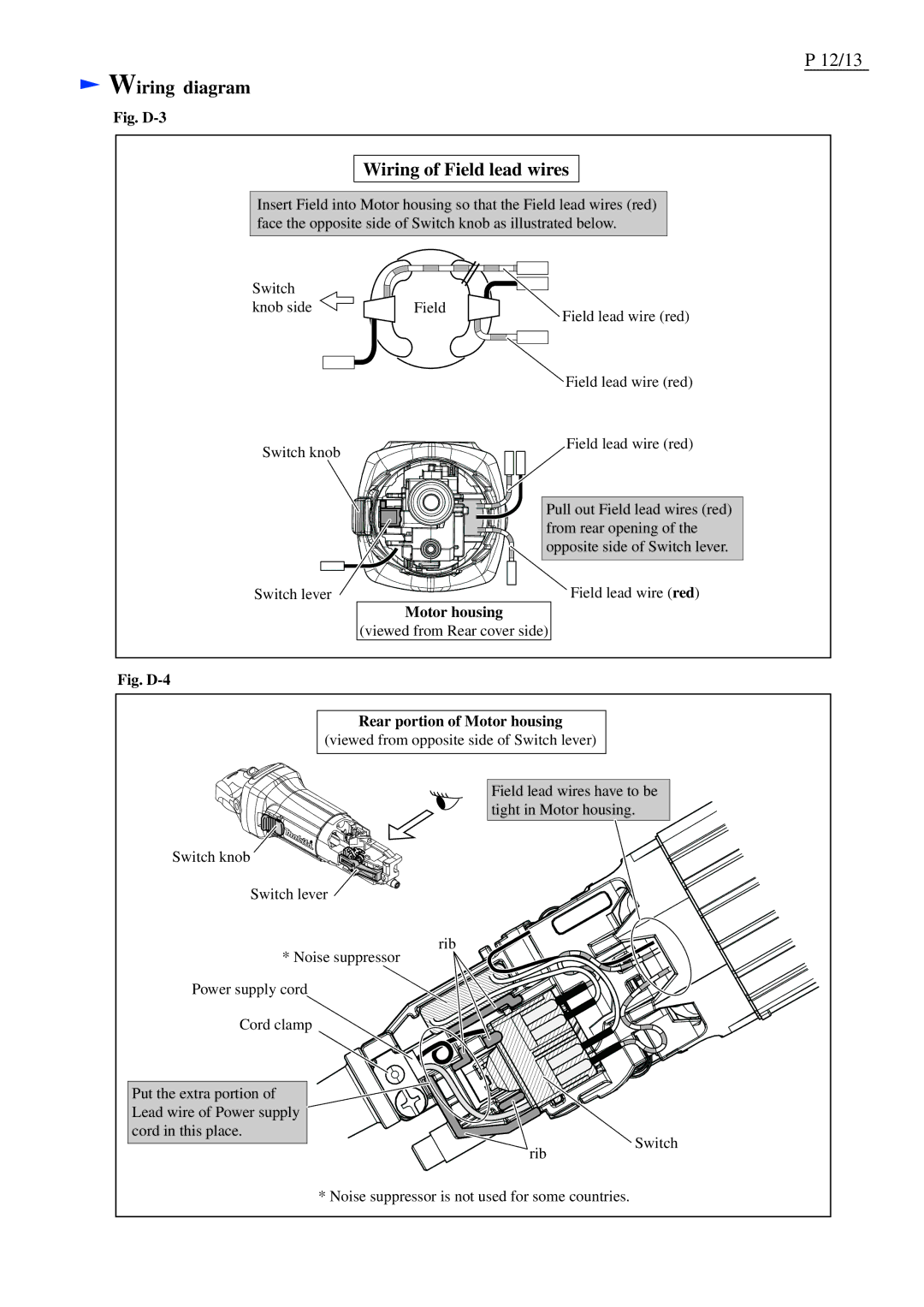 Makita GA5030, GA4530, GA4030 specifications Wiring of Field lead wires, Motor housing 