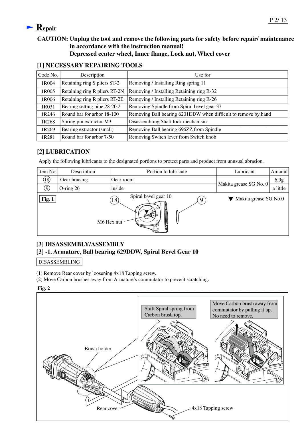 Makita GA4030, GA5030, GA4530 specifications Necessary Repairing Tools, Armature, Ball bearing 629DDW, Spiral Bevel Gear 