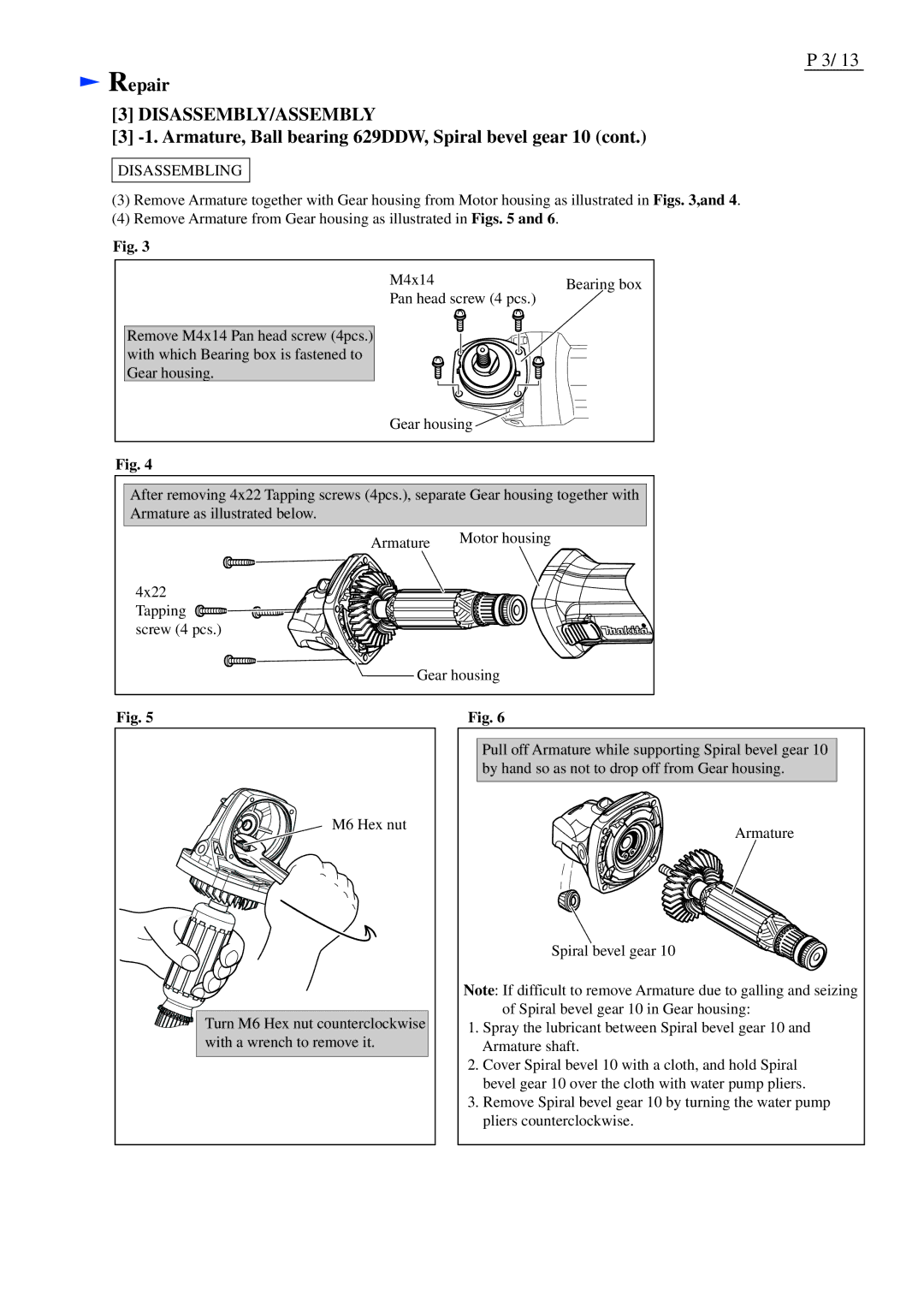 Makita GA5030, GA4530, GA4030 specifications Repair, Armature, Ball bearing 629DDW, Spiral bevel gear 10 