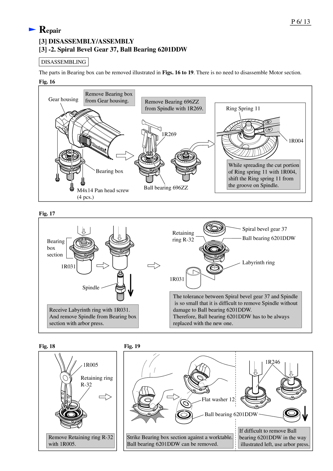 Makita GA5030, GA4530, GA4030 specifications Spiral Bevel Gear 37, Ball Bearing 6201DDW 