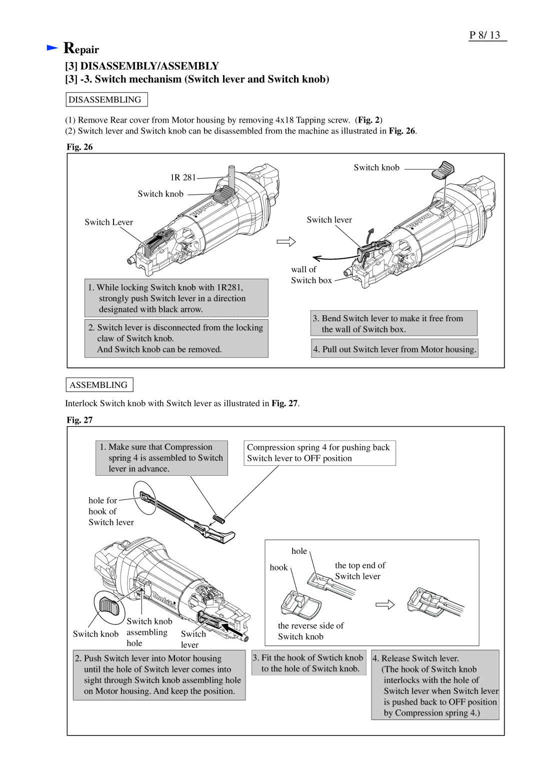 Makita GA4030, GA5030, GA4530 specifications Switch mechanism Switch lever and Switch knob 