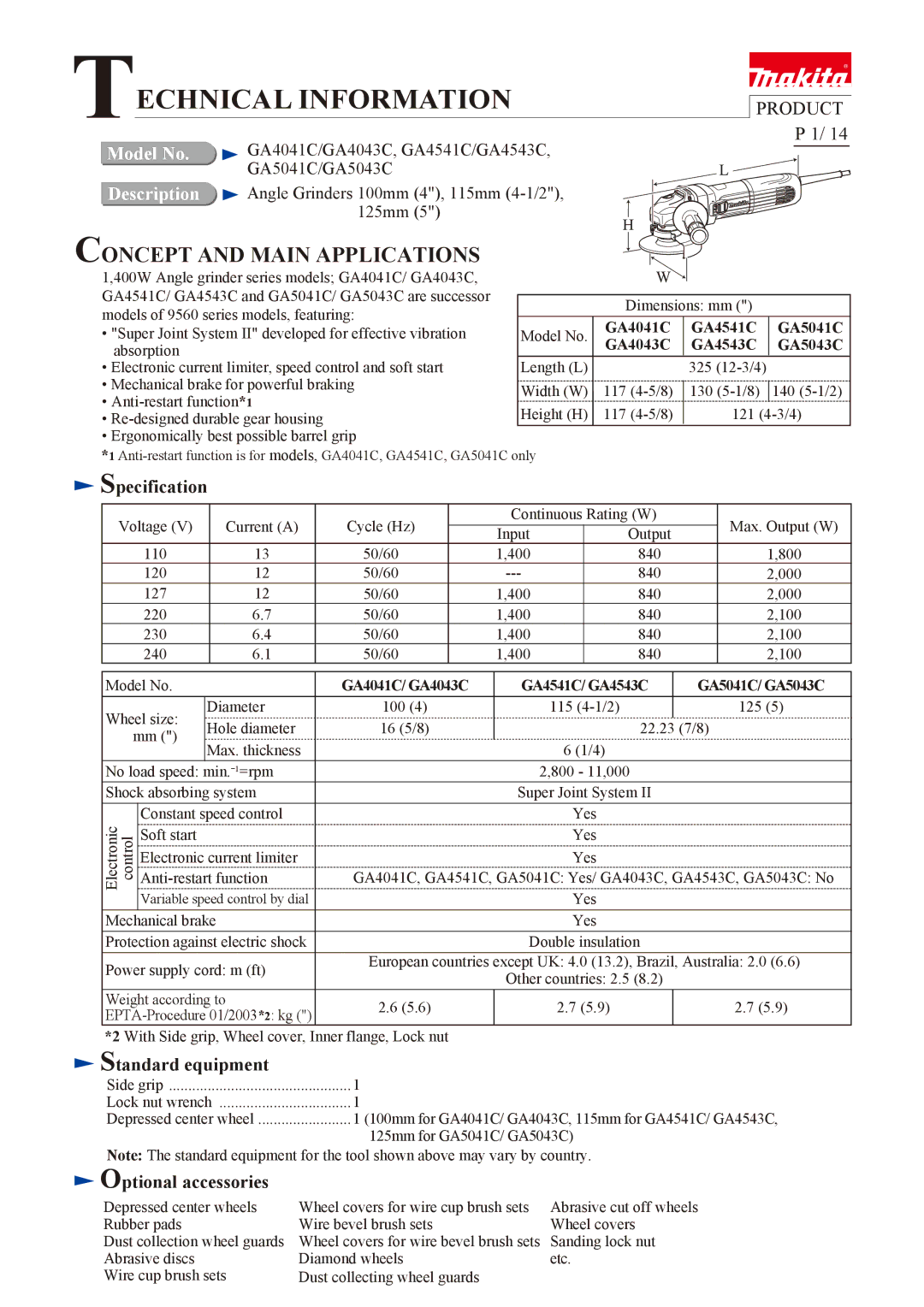 Makita GA4043C, GA5043C, GA4543C, GA4541C, GA4041C, GA5041C dimensions Specification, Standard equipment, Optional accessories 