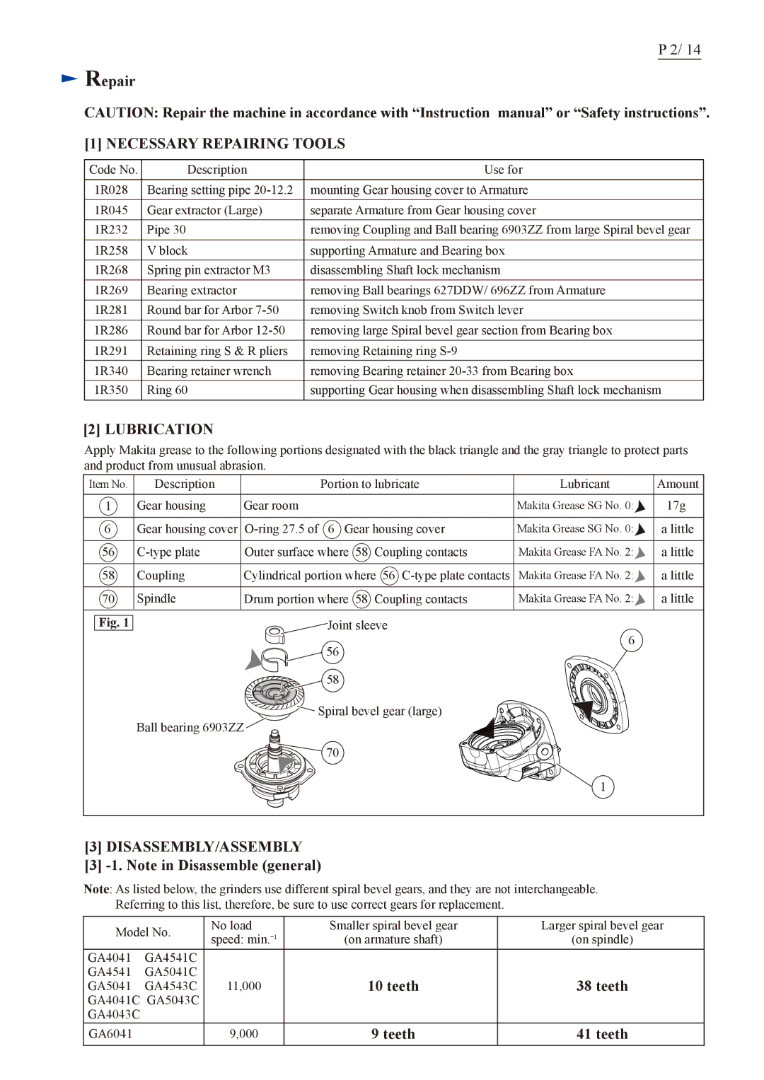 Makita GA4543C, GA5043C, GA4043C, GA4541C, GA4041C, GA5041C dimensions Repair, Teeth 