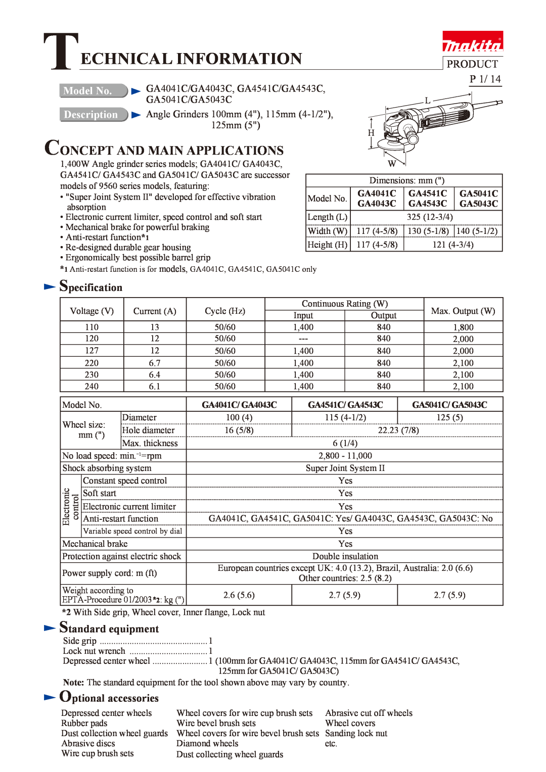 Makita GA4043C dimensions Pi / Sc / Np 海外営業管理承認, PRODUCT P 1, Specification, Standard equipment, Optional accessories 