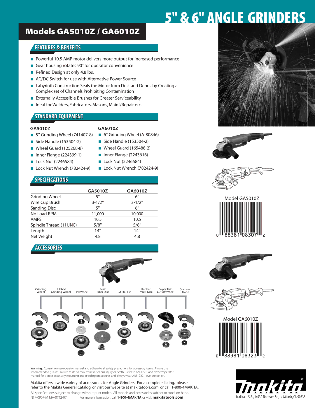 Makita GA6010Z (6'') manual Models GA5010Z / GA6010Z, Features & Benefits, Standard Equipment, Specifications, Accessories 