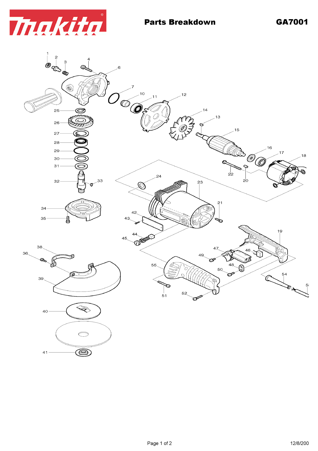 Makita GA7001 manual Parts Breakdown 