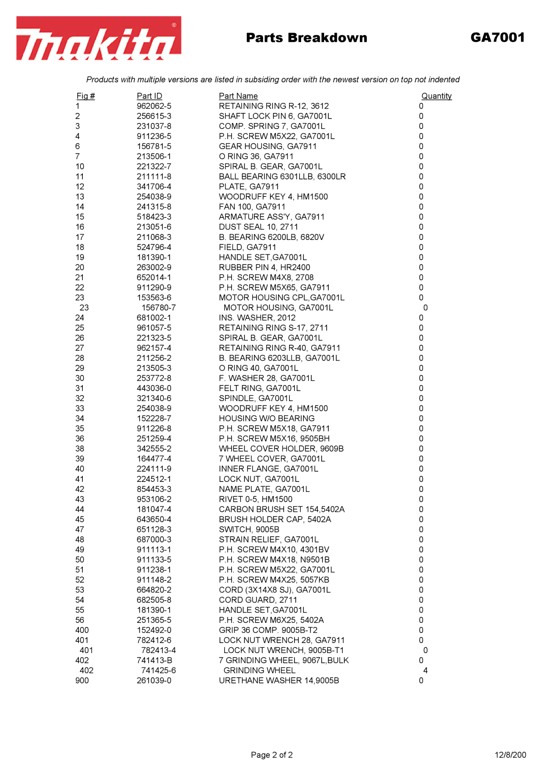 Makita manual Parts Breakdown GA7001 