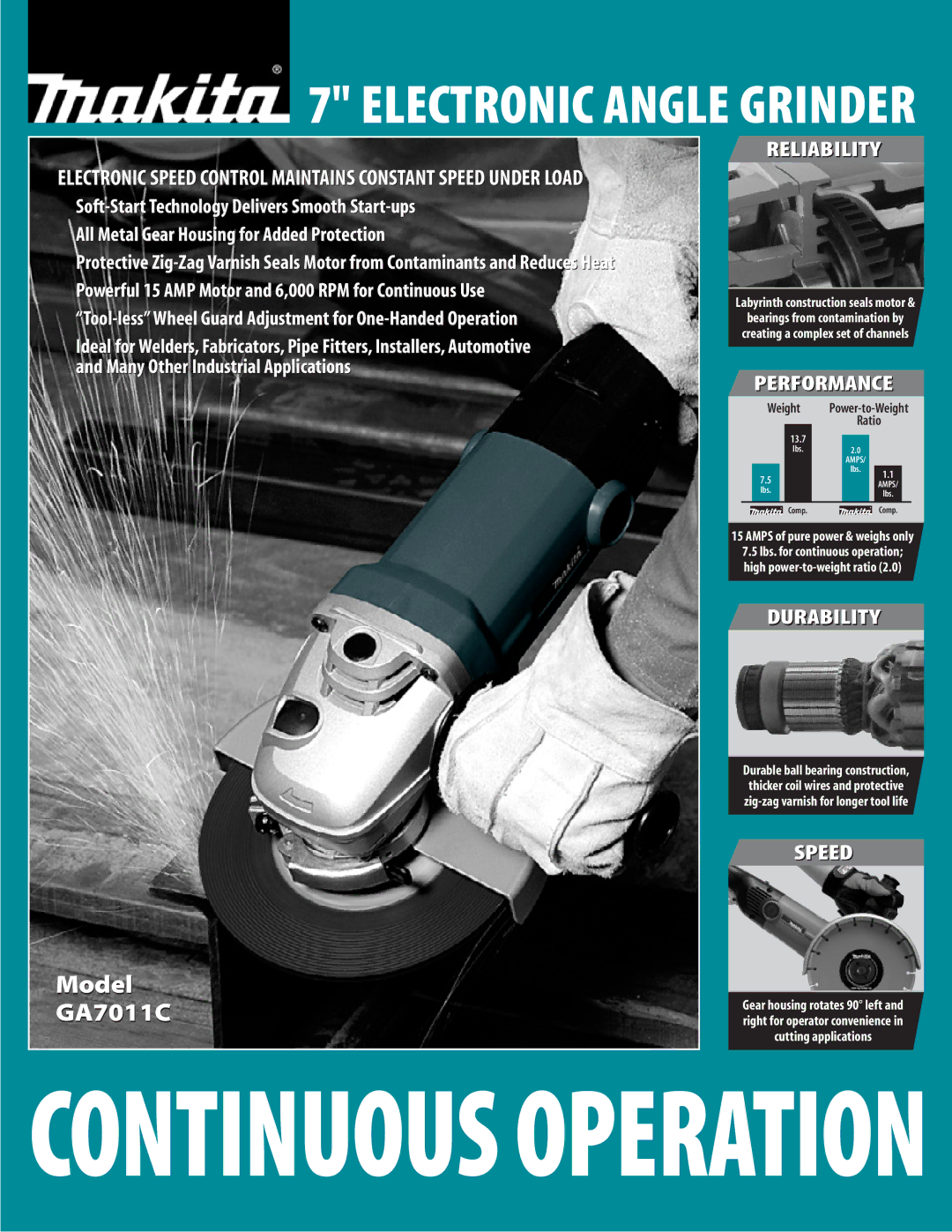 Makita GA7011Cx manual Reliability, Performance, Durability, Speed 