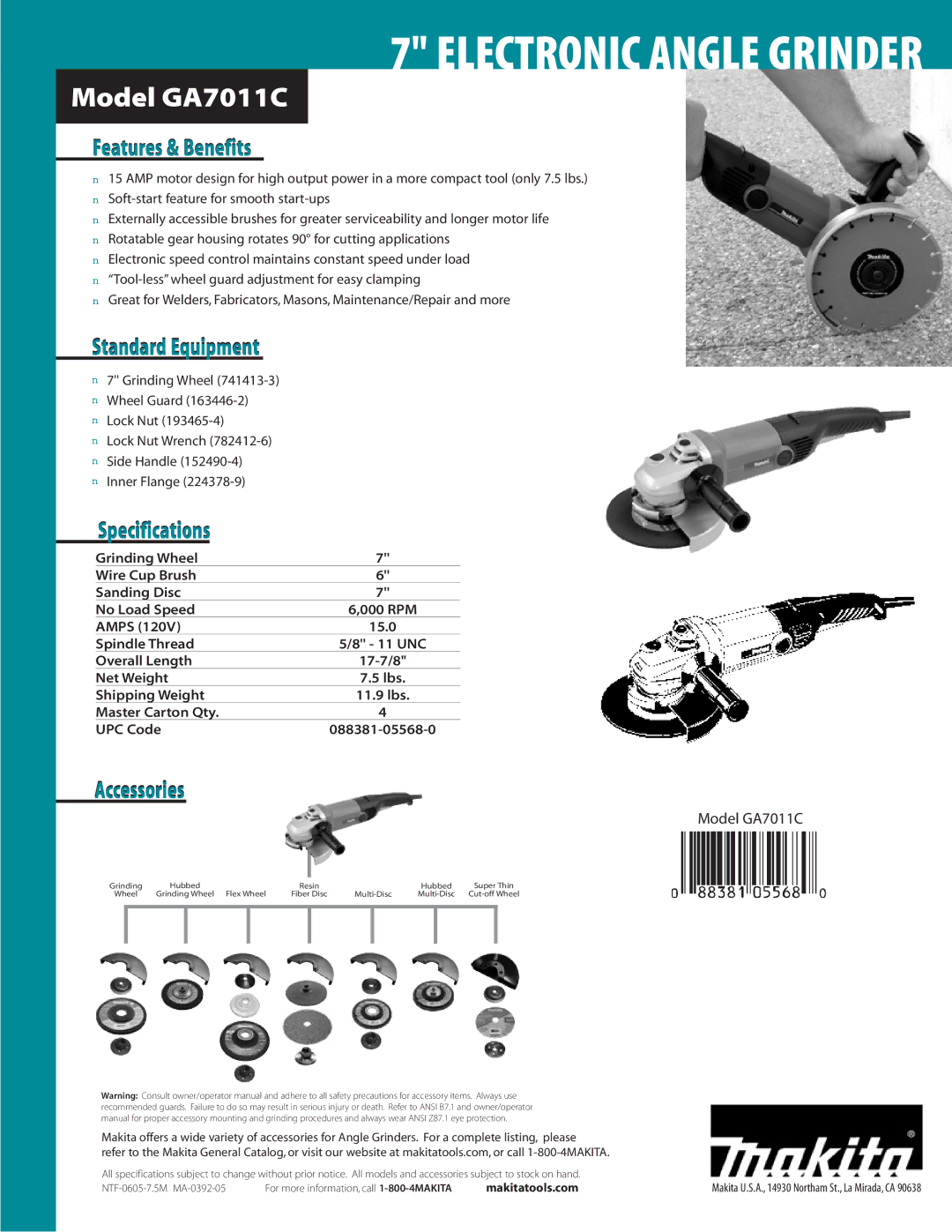 Makita GA7011Cx manual Features & Benefits, Standard Equipment, Specifications, Accessories 