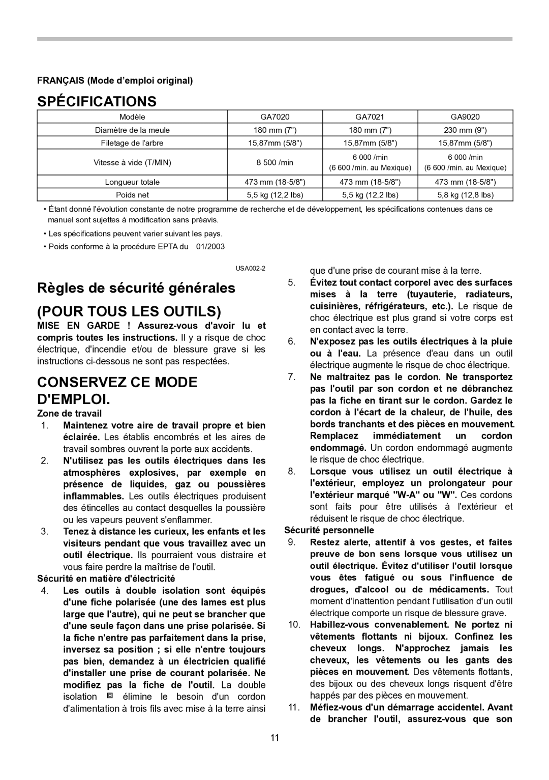 Makita GA9020, GA7020, GA7021 Spécifications, Règles de sécurité générales, Pour Tous LES Outils, Conservez CE Mode Demploi 