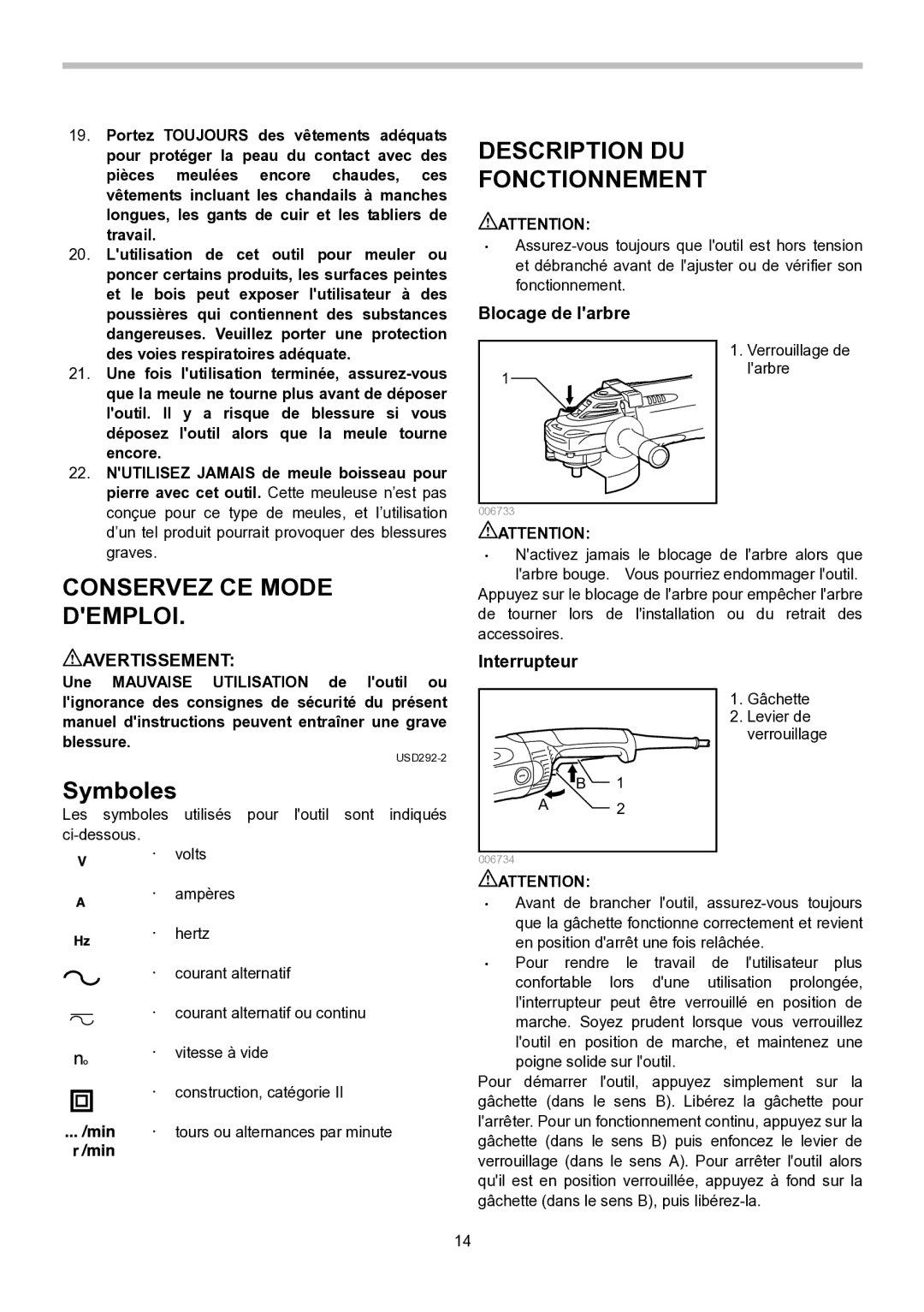 Makita GA9020, GA7020, GA7021 instruction manual Description DU Fonctionnement, Symboles, Blocage de larbre, Interrupteur 