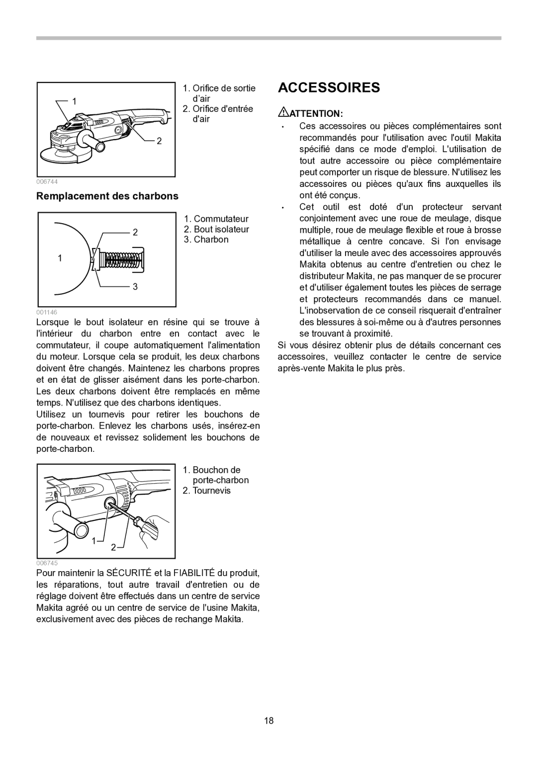 Makita GA7020, GA7021, GA9020 instruction manual Accessoires, Remplacement des charbons 