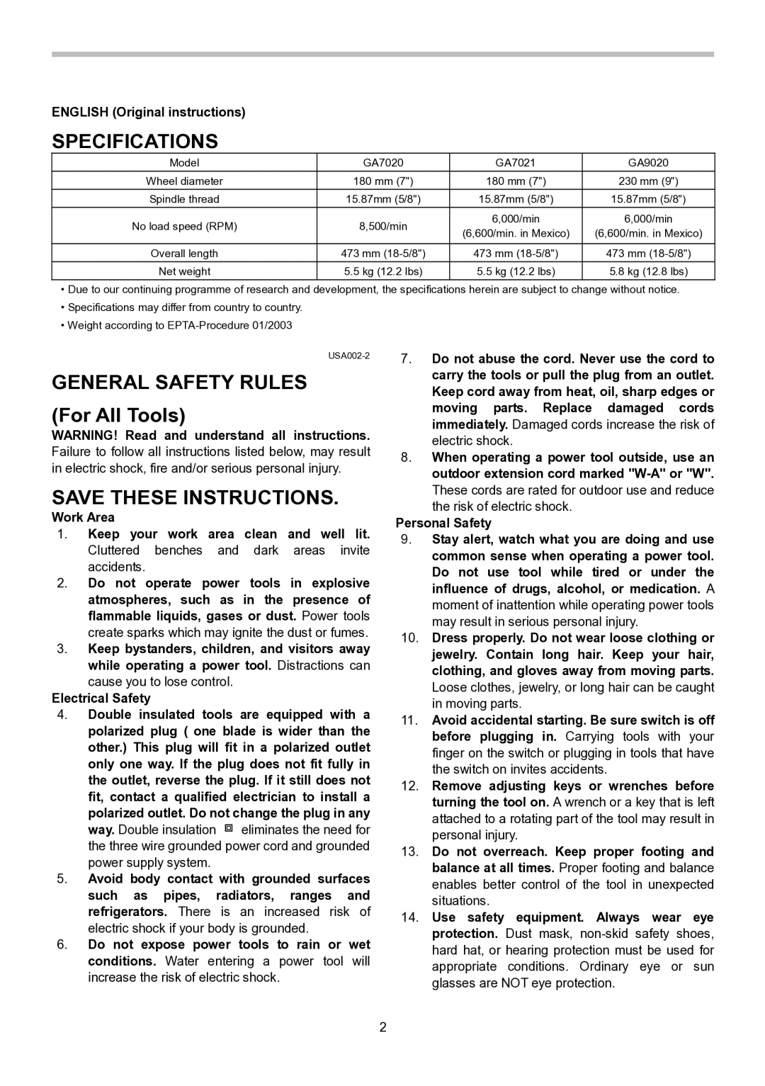 Makita GA9020, GA7020, GA7021 Specifications, General Safety Rules For All Tools, English Original instructions 