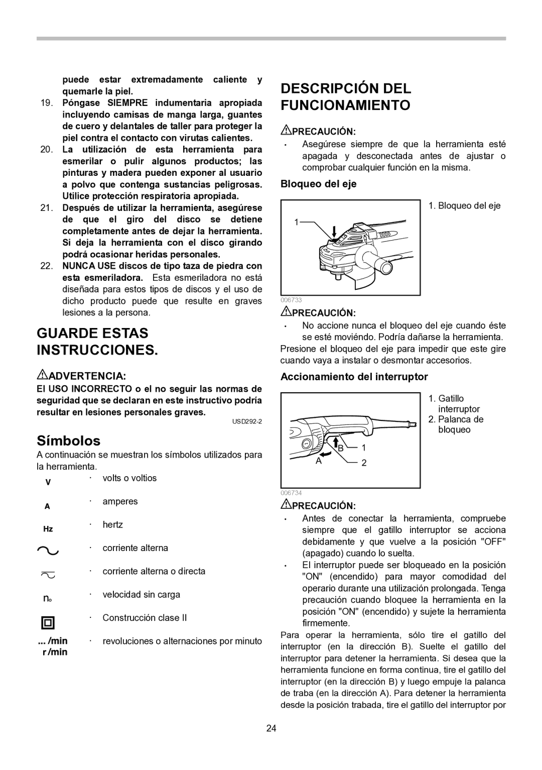 Makita GA7020, GA7021, GA9020 Descripción DEL Funcionamiento, Símbolos, Bloqueo del eje, Accionamiento del interruptor 