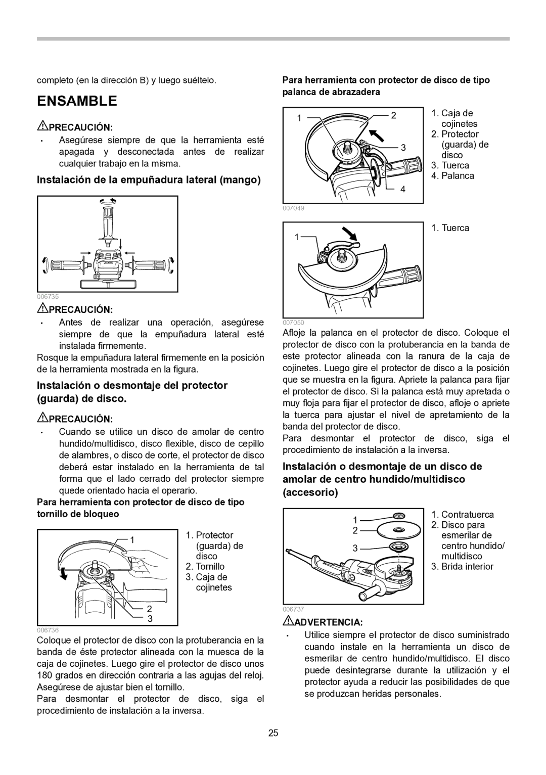 Makita GA7021, GA7020, GA9020 instruction manual Ensamble, Instalación de la empuñadura lateral mango 