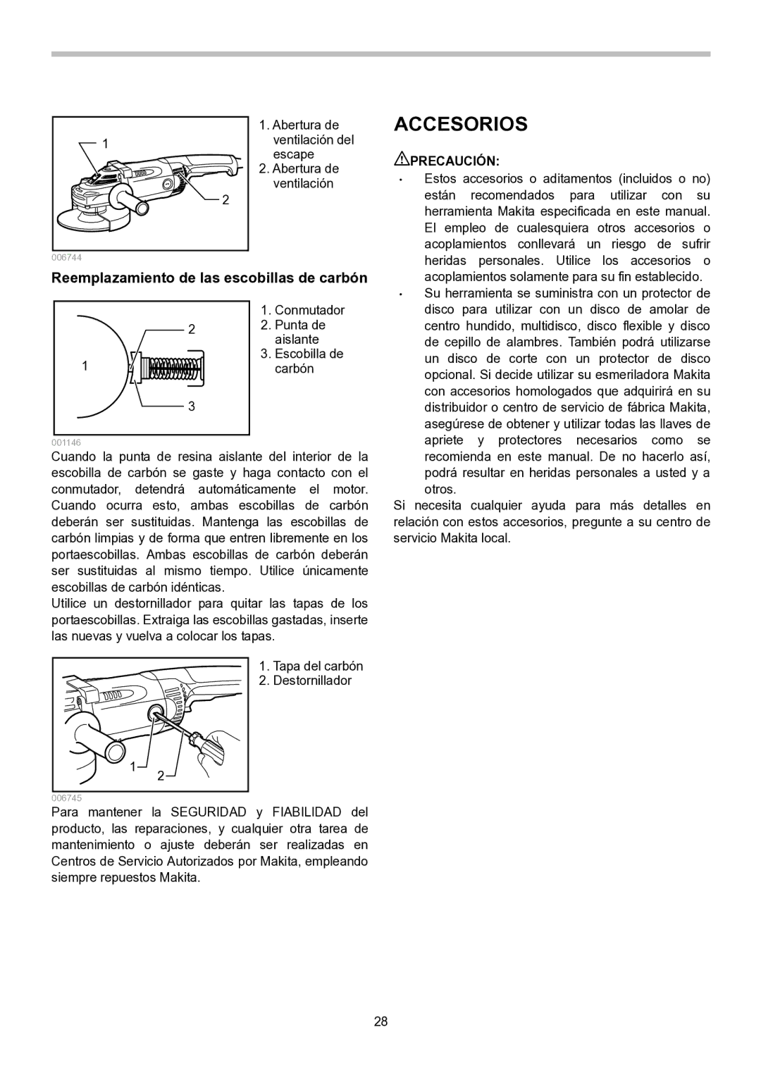 Makita GA7021, GA7020, GA9020 instruction manual Accesorios, Reemplazamiento de las escobillas de carbón 