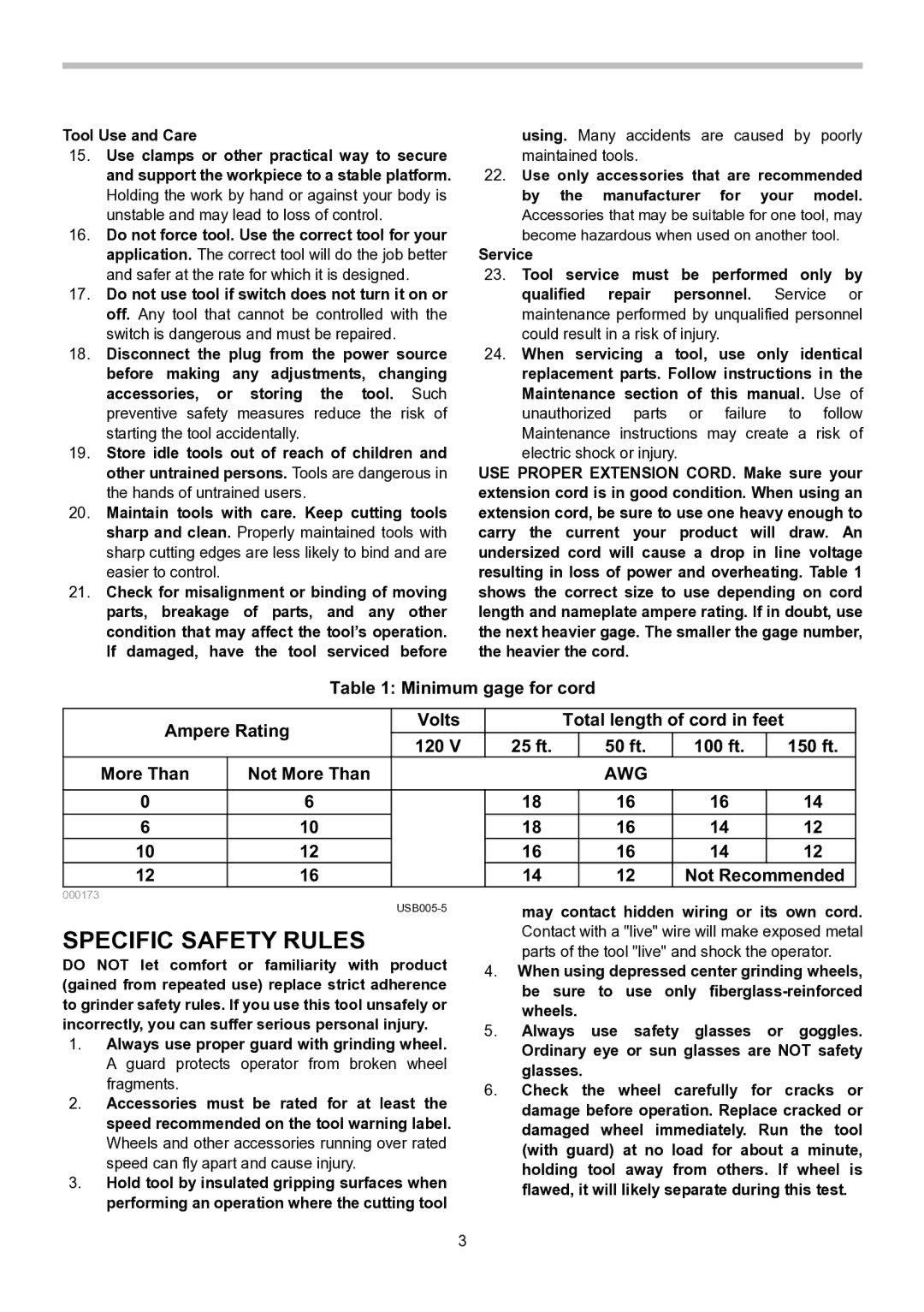 Makita GA7020, GA7021, GA9020 Specific Safety Rules, Minimum gage for cord Ampere Rating Volts, Tool Use and Care 