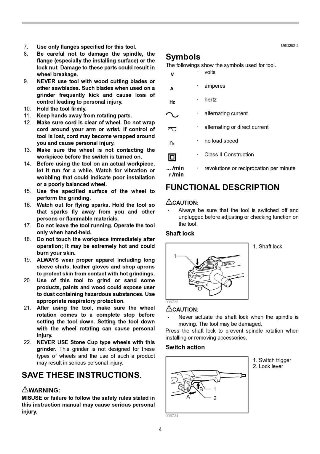 Makita GA7021, GA7020, GA9020 instruction manual Symbols, Functional Description, Shaft lock, Switch action 