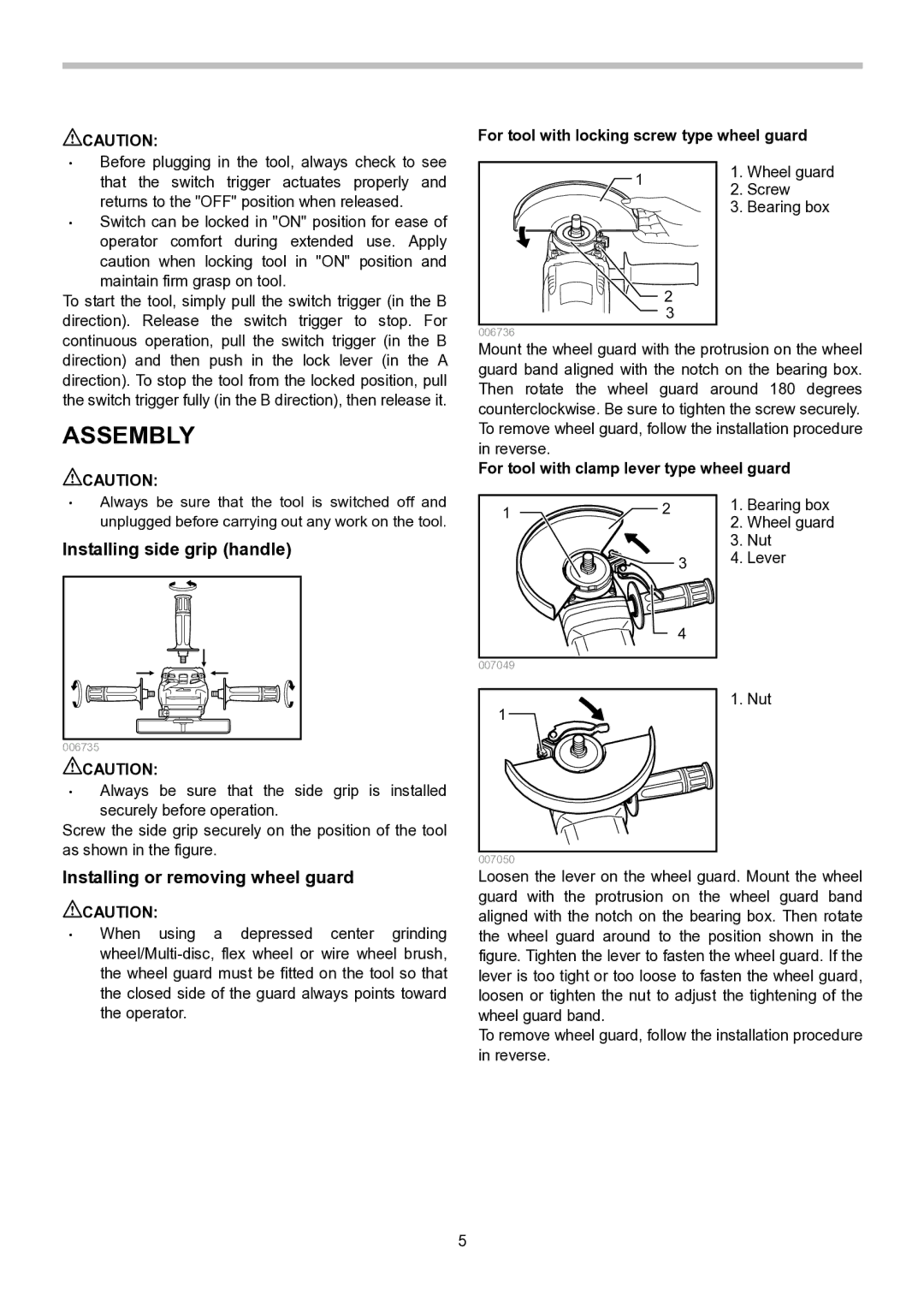 Makita GA9020, GA7020, GA7021 instruction manual Assembly, Installing side grip handle, Installing or removing wheel guard 